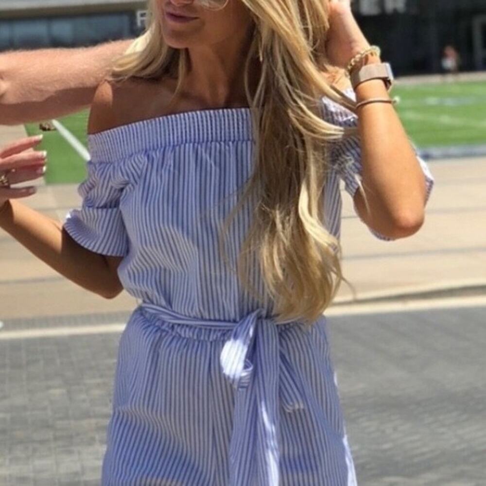 Chandler Henry romper blue & white striped off the shoulder small
